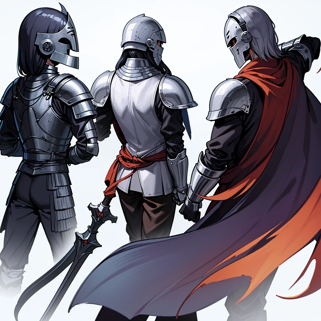 ((whole body、Detailed character design))、Highest quality, Best Quality,Best illustrations、(((Iron Mask、pocket、Iron Helmet)))、Medieval Armor、Medieval Knight、whole bodyが灰色の鎧、(((20-year-old male)))、Dramatic Angle、(battle)、battlefield、Movement angle、Grab the sword、(Fighting stance)、Run、(((White background)))、(From the back、Back view)