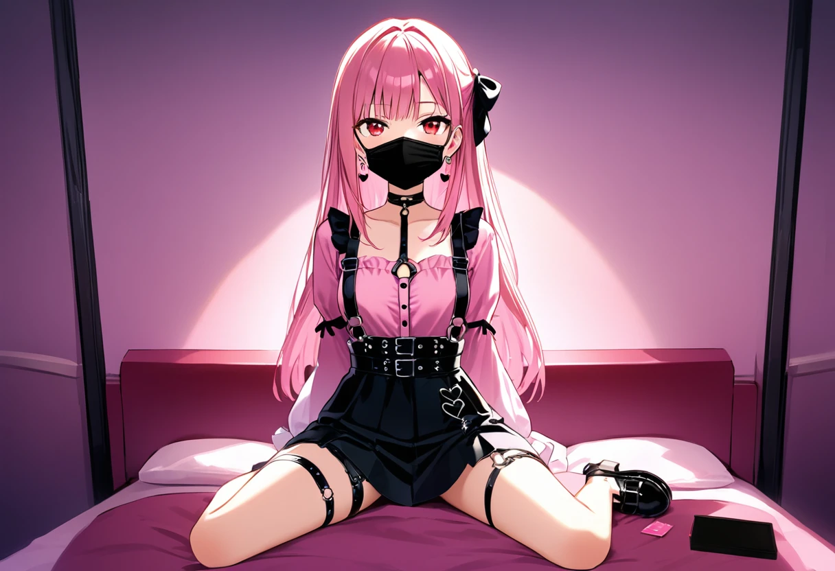 (score_9_, score_8_superior, score_7_superior, sauce_anime, 8K, masterpiece, Highest quality, Super detailed, Very delicate and beautiful, Official Style, Depth of written boundary, Very detailed, so beautiful, Complex, Overall Details, Perfect Anatomy), View your viewers, ((Faint Light:1.2)), sit, wariza, ベッドのsuperior, (indole, Hotel Rooms, Love Hotel, Pink Wall, pink bed sheets), ( box, Okamoto Condom, Break 1 Girl, alone, (Black Hair, Pink Hair, Two-tone hair), Long Hair, two side superior, Black Hair bow, Red eyes, jirai kei, (Cross-strap clothing, Pink Shirt, Long sleeve, Frillsed sleeves), Frills, Black bow tie, Black Skirt, sblackuspendersheart brooch, heart earrings, ring, Manicure, Pink Nails, Black nails, (Mouth mask, black Mouth mask), Black belt, o-ring thigh strap, Black Choker, Grin