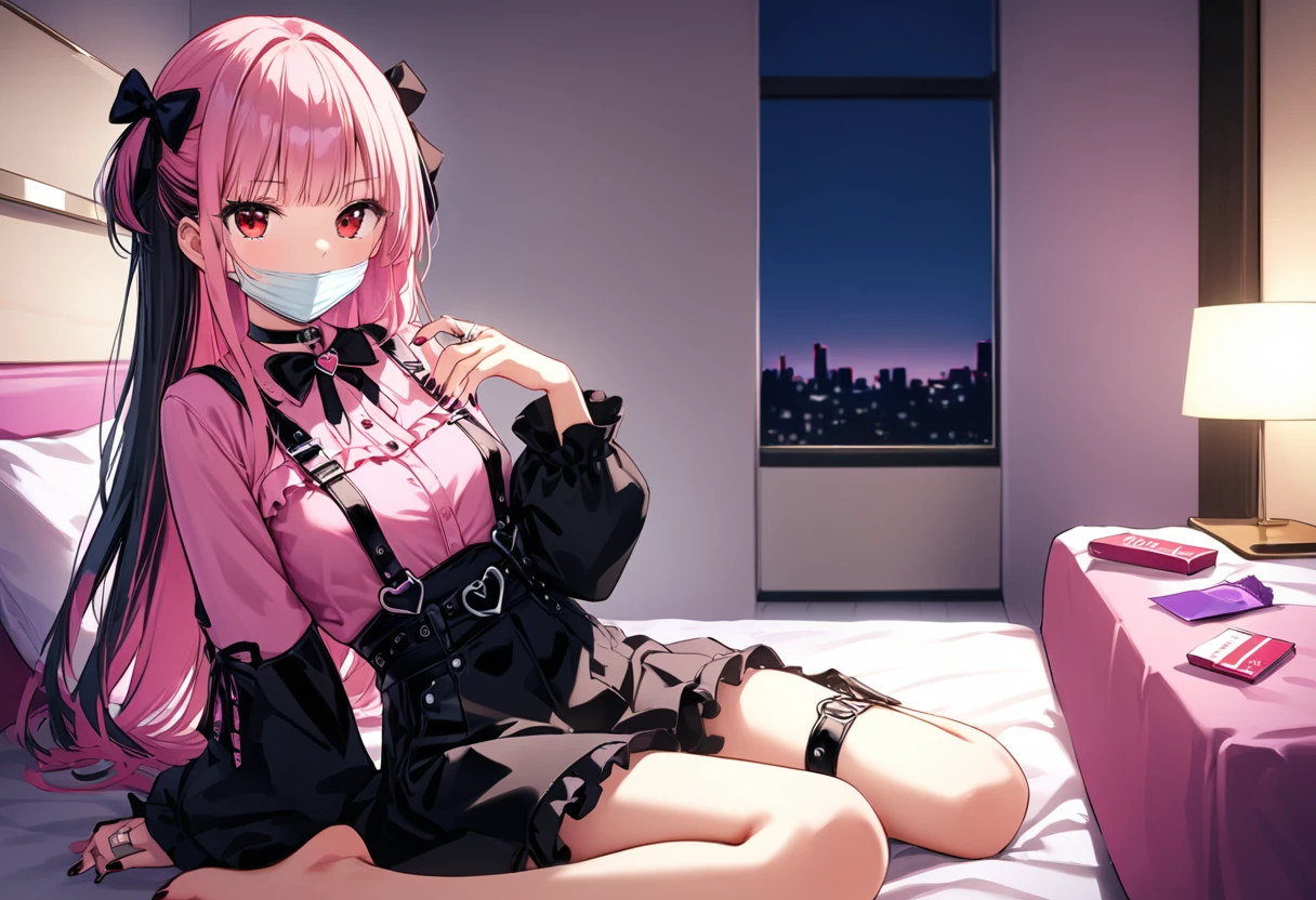(score_9_, score_8_superior, score_7_superior, sauce_anime, 8K, masterpiece, Highest quality, Super detailed, Very delicate and beautiful, Official Style, Depth of written boundary, Very detailed, so beautiful, Complex, Overall Details, Perfect Anatomy), View your viewers, ((Faint Light:1.2)), sit, wariza, ベッドのsuperior, (indole, Hotel Rooms, Love Hotel, Pink Wall, pink bed sheets), (Condom box, Okamoto Condom 0.01), Break 1 Girl, alone, (Black Hair, Pink Hair, Two-tone hair), Long Hair, two side superior, Black Hair bow, Red eyes, jirai kei, (Cross-strap clothing, Pink Shirt, Long sleeve, Frillsed sleeves), Frills, Black bow tie, Black Skirt, sblackuspendersheart brooch, heart earrings, ring, Manicure, Pink Nails, Black nails, (Mouth mask, black Mouth mask), Black belt, o-ring thigh strap, Black Choker, Grin