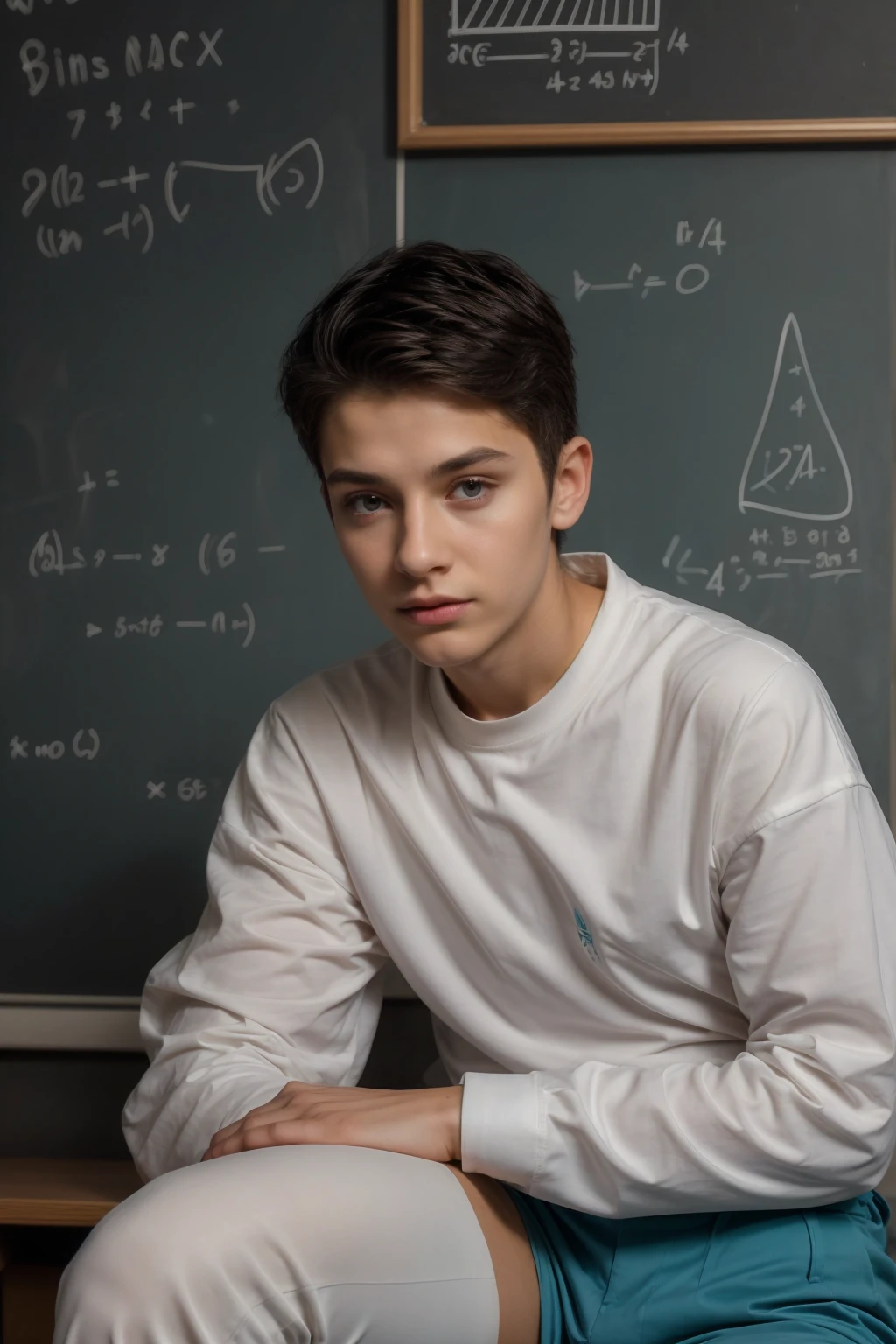A beautiful young male twink with black hair and a face with makeup. He is wearing a white long-sleeved shirt with a tight fit and aqua blue pants. He is in his scientific office, and behind him is a blackboard on which is written the shape of the brain, its anatomy, and mathematical equations, and he is sitting at a desk.