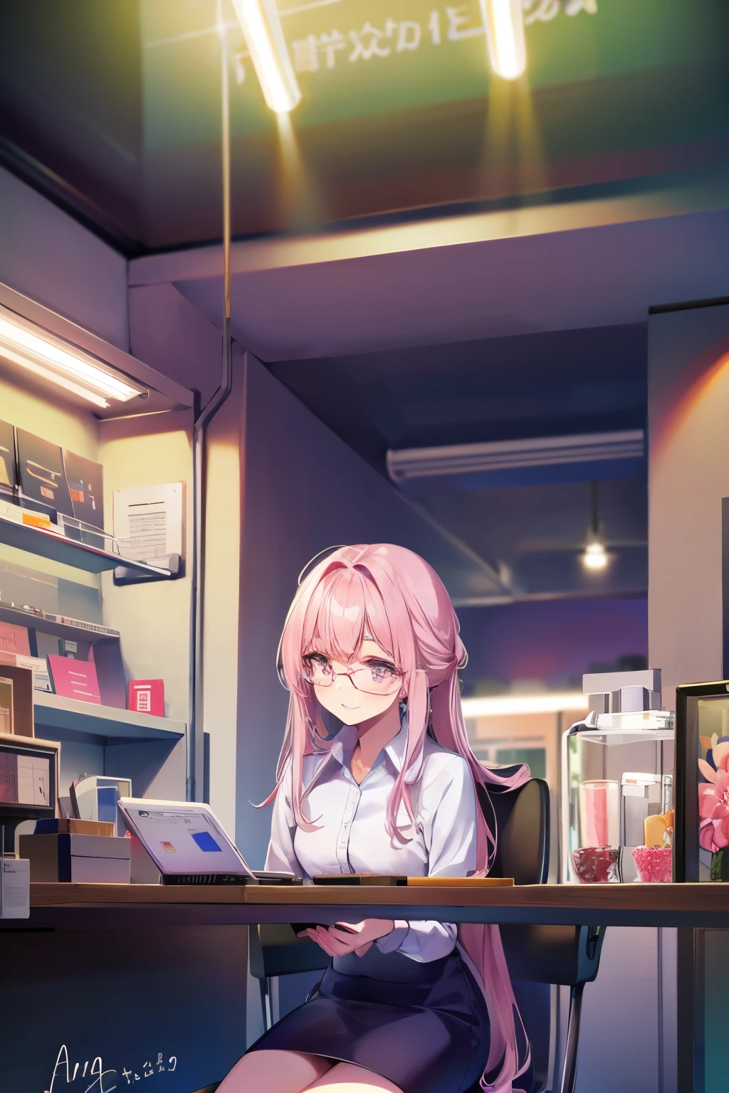 Browsing Caution,((masterpiece)),((Highest quality)),((Ultra-high resolution)),((Highest Resolution)),((Highly detailed build)),((Anatomically correct)),((Professional Lighting)),At the office,((Composition seen from below the front)),((Laboratory instrument)),((Observation equipment)),Shino amagi OL,breast enhancement, Focus,Multiple Monitors:1.5,Monitor showing numerical data,22 year old female secretary,pretty girl,Glasses,Sit on a chair,Pink blouse,Black pencil skirt,I can see her white panties,smile,Looking at the camera,