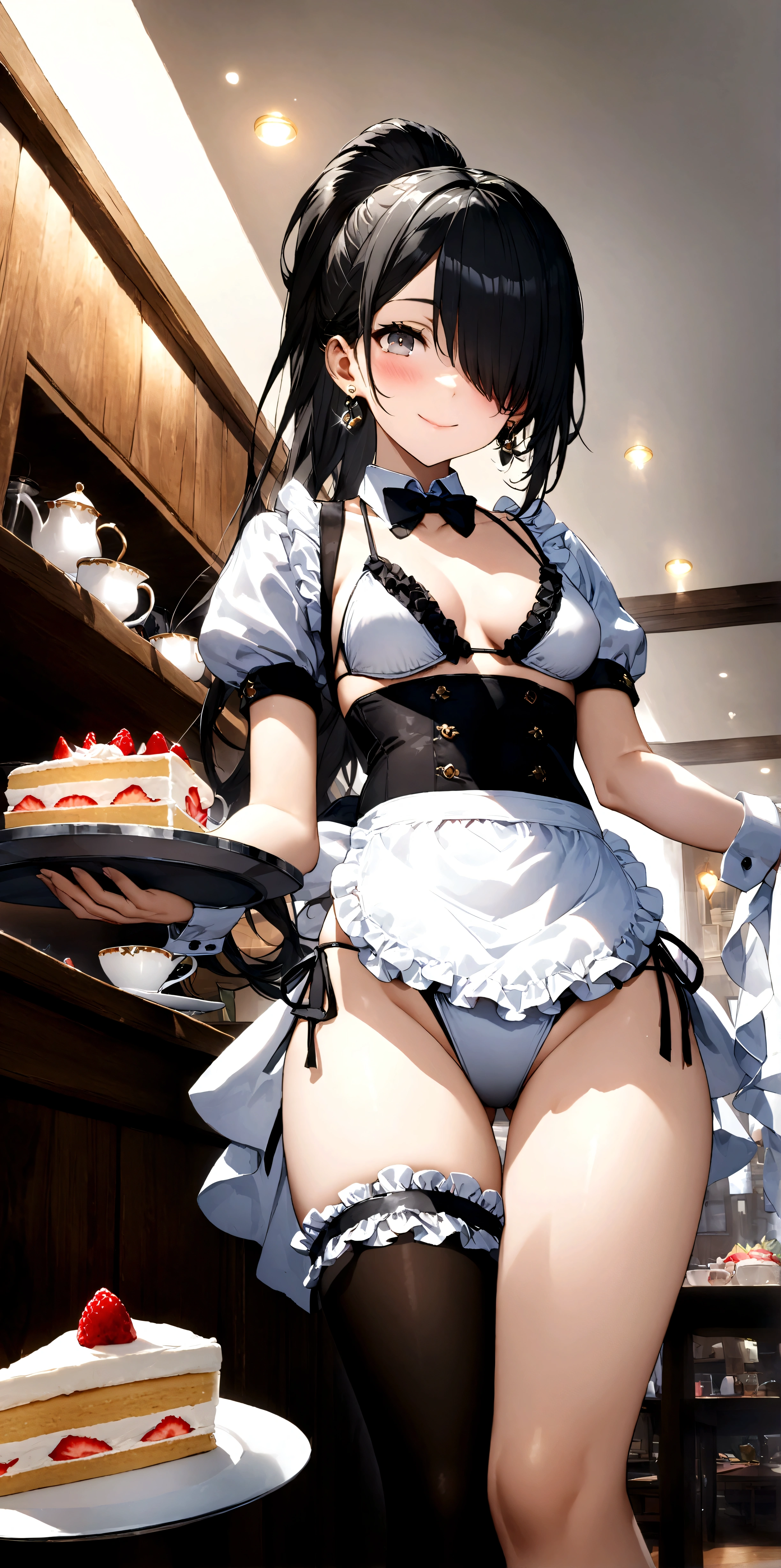 ((32k)), ((best quality)), ((ultra high res)), ((HDR)), ((UHD)), ((extremely detailed CG)), ((unity 32k wallpaper)), (((Virgin girl))), (ideal ratio body proportions), solo, long hair, (breasts), looking at viewer, blush, smile, bangs, thighhighs, bow, holding, cleavage, jewelry, ((white bikini)), (((Black ponytail))), (medium breasts), closed mouth, standing, swimsuit, ((black hair)), short sleeves, bikini, (upper body), earrings, frills, food, black thighhighs, indoors, bowtie, hair over one eye, apron, cup, puffy short sleeves, wrist cuffs, grey eyes, thigh strap, detached collar, side-tie bikini bottom, thigh gap, table, single thighhigh, waist apron, white apron, plate, tray, teacup, cake, frilled apron, bridal garter, holding tray, cake slice, from below, ((front)),