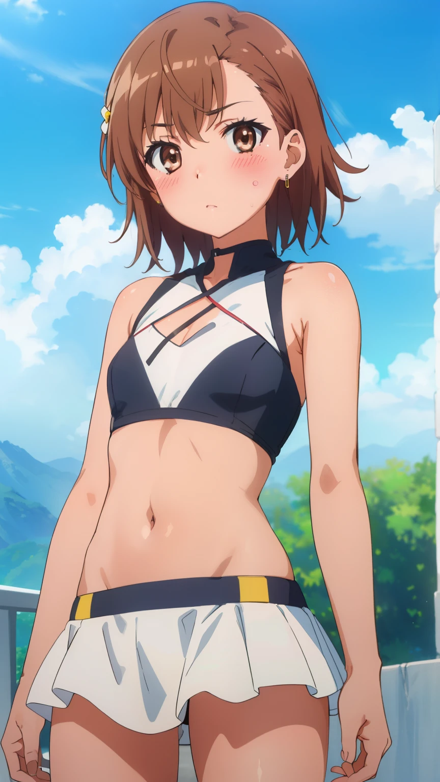(masterpiece, best quality, 8k:1.2),(anime:1.1), misaka_mikoto, brown hair, short hair, hairpin, small medium breasts, 1girl, (primrose, jewelry, revealing clothes, navel, blush), cowboy shot, looking at viewer,
