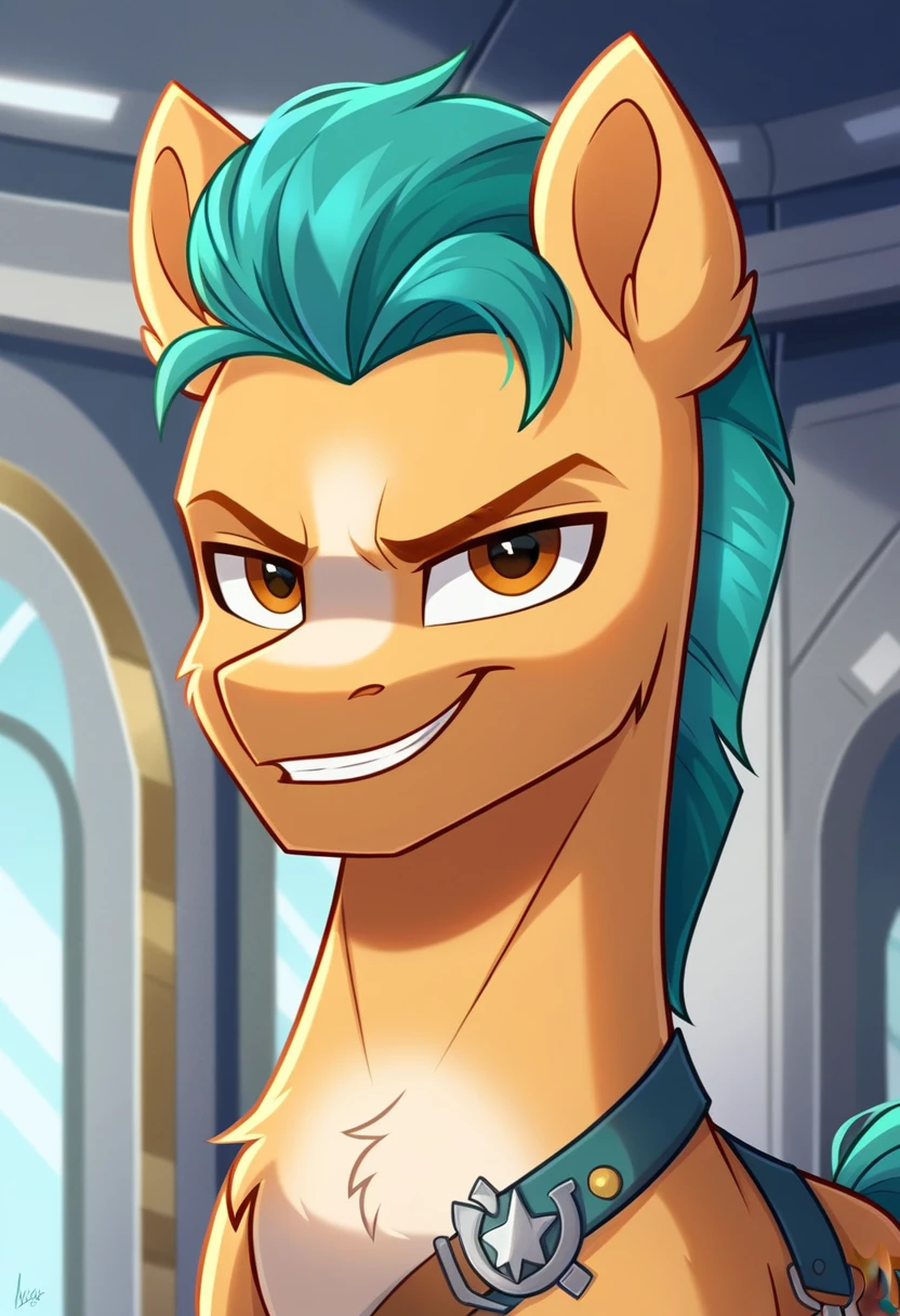 rating_safe, score_9, hitch trailblazer, pony, spaceship indoors, smirking, angry, fluffy, solo, male, (strap outfit:1.2), portrait