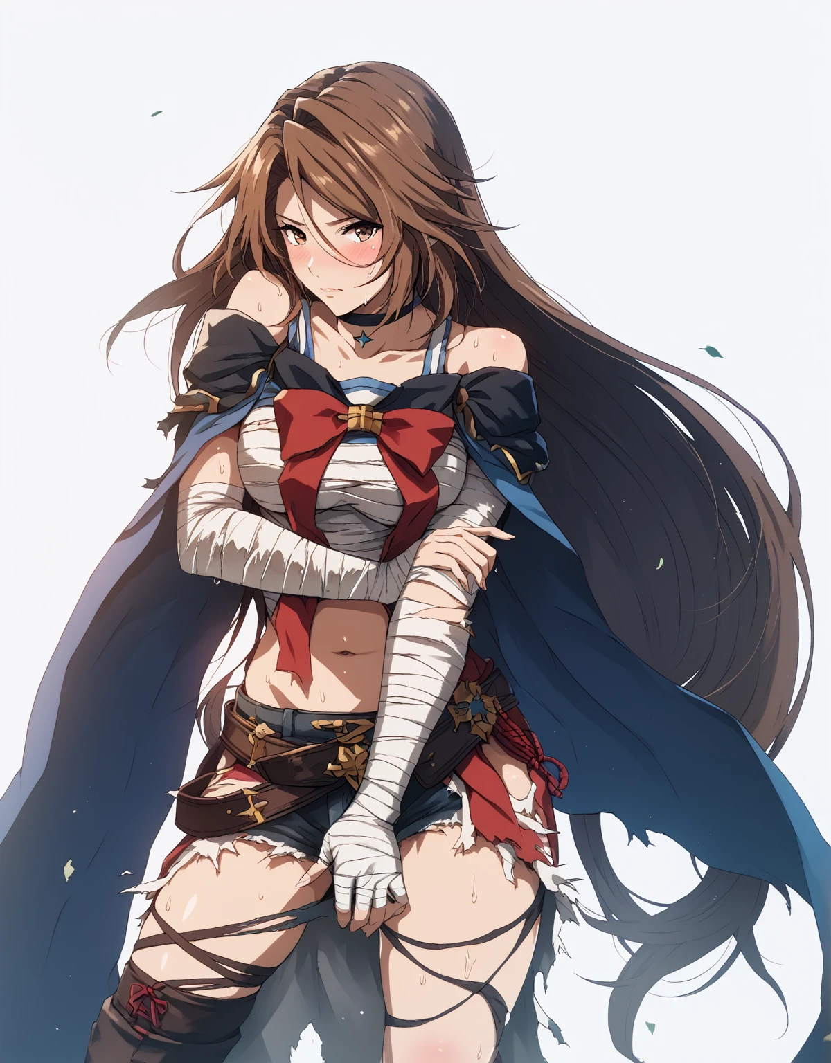 (harayutaka art style:0.7), score_9, score_8_up, score_7_up, score_6_up, uncensored, katalina \(granblue fantasy\), long hair, parted bangs, brown hair, brown eyes, sweating, BREAK (masterpiece:1.2), best quality, high resolution, (detailed eyes:1.3), perfect lighting, (perfect hands, perfect anatomy), looking at viewer, 1girl, bandages, solo, bandaged_arm, choker, breasts, black_choker, collarbone, torn_clothes, navel, torn_shorts, looking_at_viewer, embarrassed, blush face, 