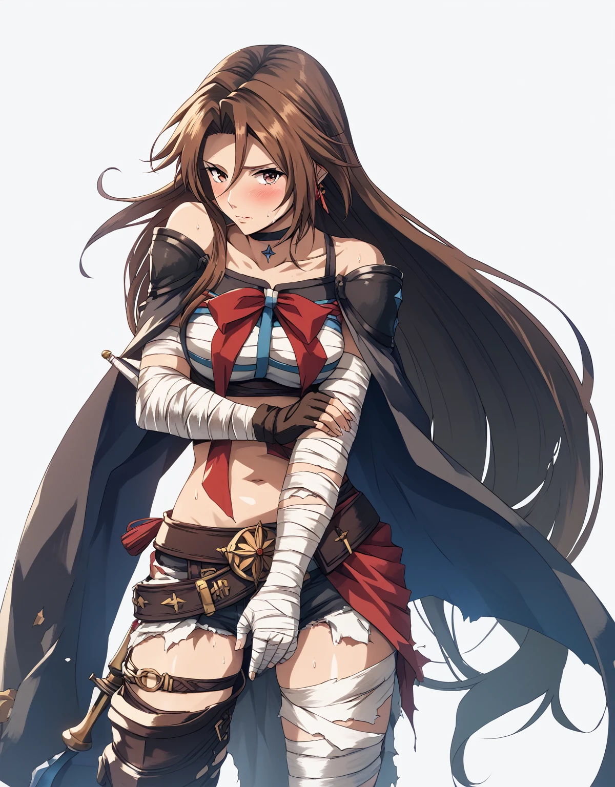 (harayutaka art style:0.7), score_9, score_8_up, score_7_up, score_6_up, uncensored, katalina \(granblue fantasy\), long hair, parted bangs, brown hair, brown eyes, sweating, BREAK (masterpiece:1.2), best quality, high resolution, (detailed eyes:1.3), perfect lighting, (perfect hands, perfect anatomy), looking at viewer, 1girl, bandages, solo, bandaged_arm, choker, breasts, black_choker, collarbone, torn_clothes, navel, torn_shorts, looking_at_viewer, embarrassed, blush face, 