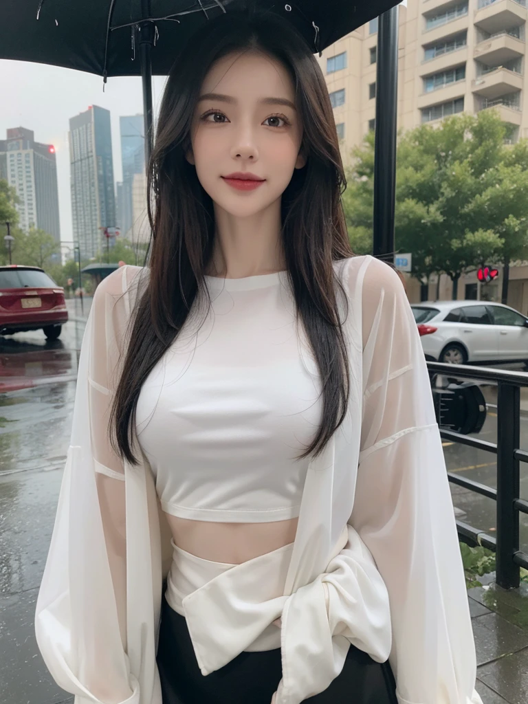 ((best quality, 8K, masterpiece: 1.3)),upper body,Black Hair, black eye,sharp focus: 1.2, beautiful woman: 1.4, ((medium hair: 1.2)),(Silk darkmagenta long skirt、White long sleeve blouse with lace), (wet from rain: 1.3), (rain, street: 1.2), wet body: 1.2, Highly detailed face and skin texture, detailed eyes, double eyelids, White skin,E cup,smile,Financial district of the big city,Skyscraper,White skin,Wet Hair、Wet Skin、Wet clothes、smile、 