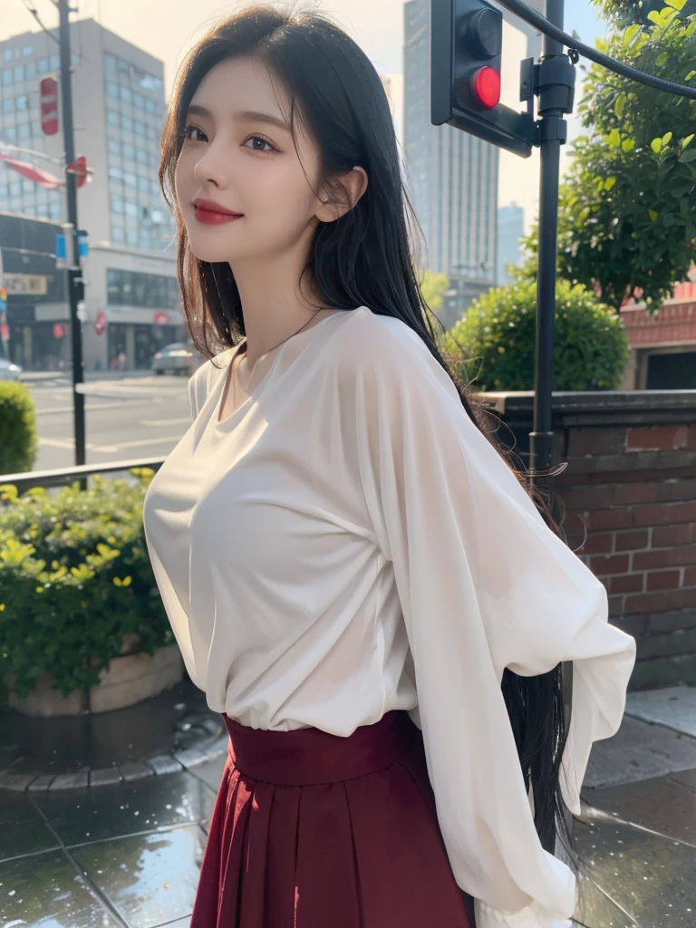 ((best quality, 8K, masterpiece: 1.3)),upper body,Black Hair, black eye,sharp focus: 1.2, beautiful woman: 1.4, ((medium hair: 1.2)),(Silk darkmagenta long skirt、White long sleeve blouse with lace), (wet from rain: 1.3), (rain, street: 1.2), wet body: 1.2, Highly detailed face and skin texture, detailed eyes, double eyelids, White skin,E cup,smile,Financial district of the big city,Skyscraper,White skin,Wet Hair、Wet Skin、Wet clothes、smile、