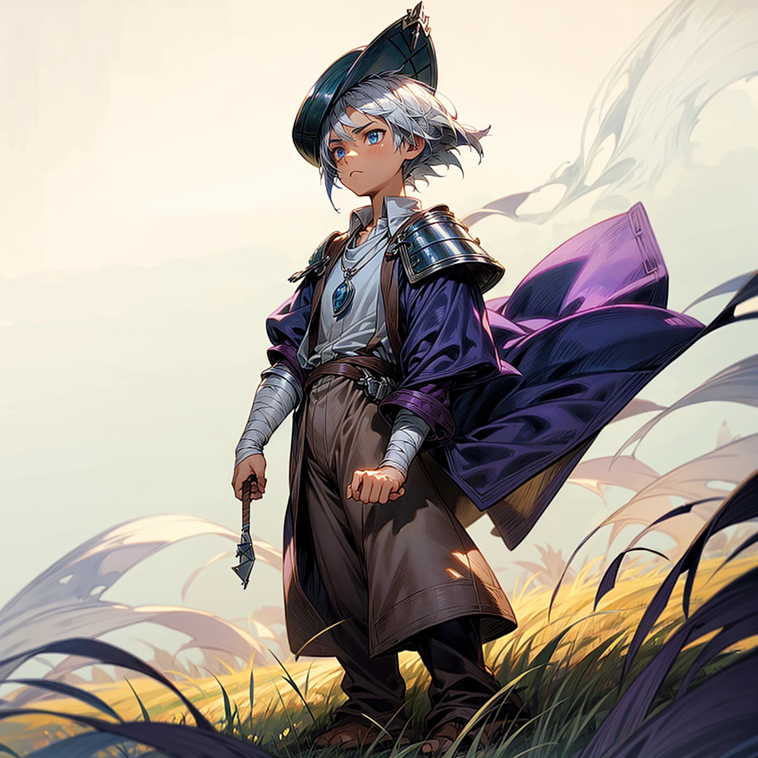 1little boy, Full body version, 1character, blue eyes color, sad eyes, eyeliner, tan skin, classic fade haircut, almond eyes type, brown colour hair, medieval clothing style, breton hat, eyes mask, vest armor, purple color clothing, silver necklaces, bandage on hand, Grassroots background in field town, motion blur, (attack on Titan style art)