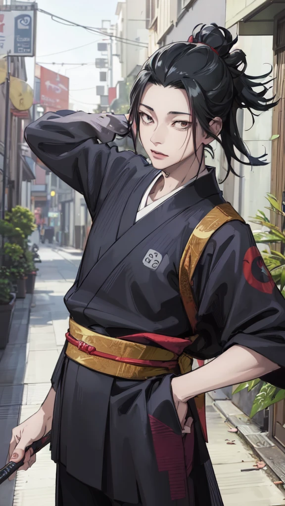 CHARACTER OF A PERSON WITH BLACK HAIR, LONG AGA, BROWN EYES, HANDSOME, SEXY FACE, WEARING A KIMONO. NAMED "SUGURU GETO" IN THE ANIME STORY SERIES"(JUJUTSU KAISEN), IT STANDS IN THE MIDDLE OF A BEAUTIFUL CITY, WITH REALISTIC -8K HDR EFFECTS.