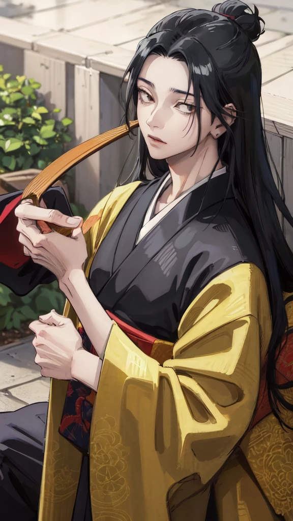 CHARACTER OF A PERSON WITH BLACK HAIR, LONG AGA, BROWN EYES, HANDSOME, SEXY FACE, WEARING A KIMONO. NAMED "SUGURU GETO" IN THE ANIME STORY SERIES"(JUJUTSU KAISEN), IT STANDS IN THE MIDDLE OF A BEAUTIFUL CITY, WITH REALISTIC -8K HDR EFFECTS.