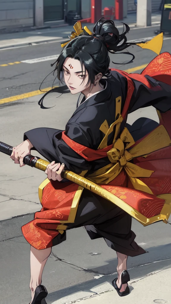 CHARACTER OF A PERSON WITH BLACK HAIR, LONG AGA, BROWN EYES, HANDSOME, SEXY FACE, WEARING A KIMONO. NAMED "SUGURU GETO" IN THE ANIME STORY SERIES"(JUJUTSU KAISEN), IT STANDS IN THE MIDDLE OF A BEAUTIFUL CITY, WITH REALISTIC -8K HDR EFFECTS.