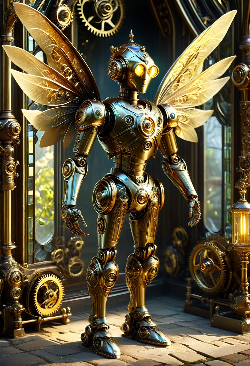 A robotic clockwork fairy. All bronze, gears, crAFTSMAN STYLE. GLASS WINGS. masterpiece, best quality, highly detailed, solo, looking at viewer, smile, mechaical face, face sculpted bronze. Ultra HD, Rococo-Inspired Fantasy Art With Intricate Details. Cute, Charming Expression, Alluring-Gaze, looking at viewer Beautiful Eyes, An-Ideal-Figure. . slim waist, fit body, Warm lightssymmetrical face, photorealistic, photography, path tracing, specular lighting, volumetric face light, path traced hairmaximum quality{(masutepiece) (8K High Resolution) (top-quality) In the style of breath of the wild.medieval monastery garden,steampunk craftsman robot ,beautiful ornate architecture,steampunk machinery and gears,exquisite stained glass windows,enchanted flower garden,ancient stone walkway with intricate carvings,glowing candles and dimly lit atmosphere,steam and smoke billowing from the machinery,mystical atmosphere,peaceful and serene setting,mechanical wings attached to the robot monkack,robot monk wittricate clockwork mechanisms,electromechanical eyes glowing with energy,warm golden color palette,gentle sunlight streaming through the stained glass windows,whispering sound of wind and rustling leaves,the scent of aged books and incense,notes of ancient Gregorian chants echoing in the air,sense of awe and tranquility,combination of futuristic and medieval elements,harmony of technology and spirituality.