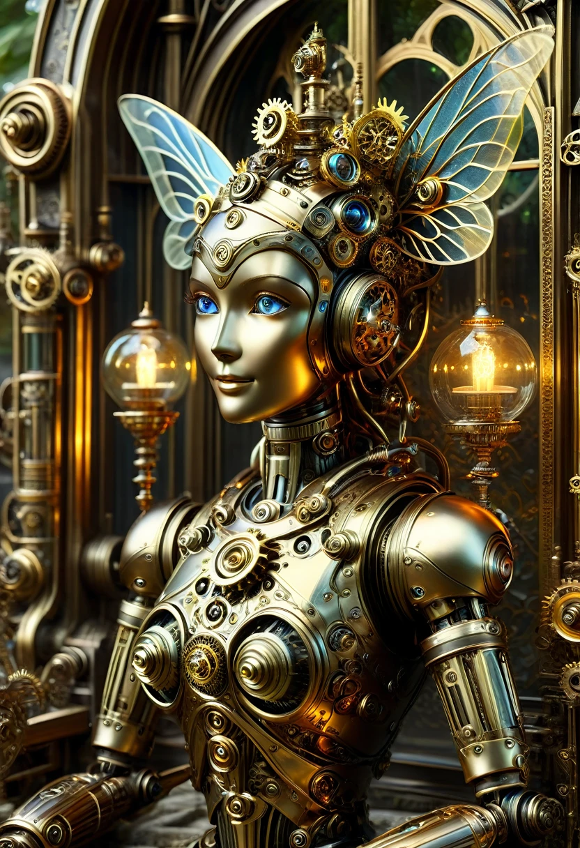 A robotic clockwork fairy. All bronze, gears, crAFTSMAN STYLE. GLASS WINGS. masterpiece, best quality, highly detailed, solo, looking at viewer, smile, mechaical face, face sculpted bronze. Ultra HD, Rococo-Inspired Fantasy Art With Intricate Details. Cute, Charming Expression, Alluring-Gaze, looking at viewer Beautiful Eyes, An-Ideal-Figure. . slim waist, fit body, Warm lightssymmetrical face, photorealistic, photography, path tracing, specular lighting, volumetric face light, path traced hairmaximum quality{(masutepiece) (8K High Resolution) (top-quality) In the style of breath of the wild.medieval monastery garden,steampunk craftsman robot monk,beautiful ornate architecture,steampunk machinery and gears,exquisite stained glass windows,enchanted flower garden,ancient stone walkway with intricate carvings,glowing candles and dimly lit atmosphere,steam and smoke billowing from the machinery,mystical atmosphere,peaceful and serene setting,mechanical wings attached to the robot monk's back,robot monk with intricate clockwork mechanisms,electromechanical eyes glowing with energy,warm golden color palette,gentle sunlight streaming through the stained glass windows,whispering sound of wind and rustling leaves,the scent of aged books and incense,notes of ancient Gregorian chants echoing in the air,sense of awe and tranquility,combination of futuristic and medieval elements,harmony of technology and spirituality.