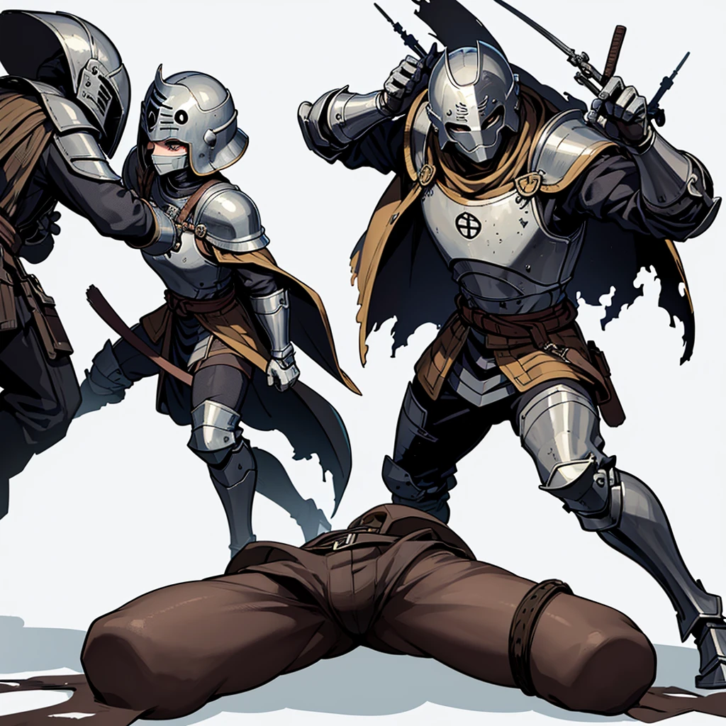 ((Full body character concept, Detailed character design))、(behindから、behind姿、Rear view、behind)、Highest quality, Best Quality,Best illustrations、(((Iron Mask、pocket、Iron Helmet)))、Medieval Armor、Medieval Knight、Full grey armor、(((20-year-old male)))、Dramatic Angle、(battle)、battlefield、Movement angle、Grab the sword、wasteland、(Fighting stance)、Run、(((White background)))