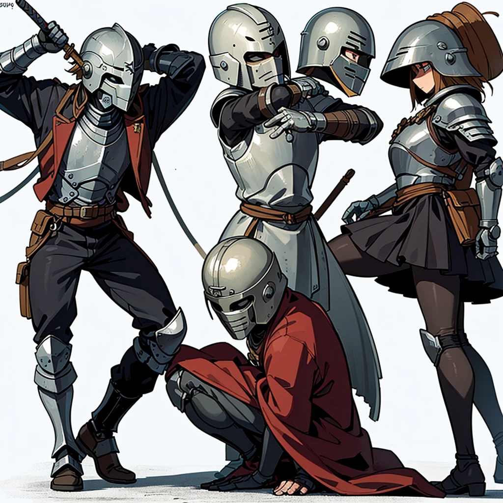 ((Full body character concept, Detailed character design))、(behindから、behind姿、Rear view、behind)、Highest quality, Best Quality,Best illustrations、(((Iron Mask、pocket、Iron Helmet)))、Medieval Armor、Medieval Knight、Full grey armor、(((20-year-old male)))、Dramatic Angle、(battle)、battlefield、Movement angle、Grab the sword、wasteland、(Fighting stance)、Run、(((White background)))