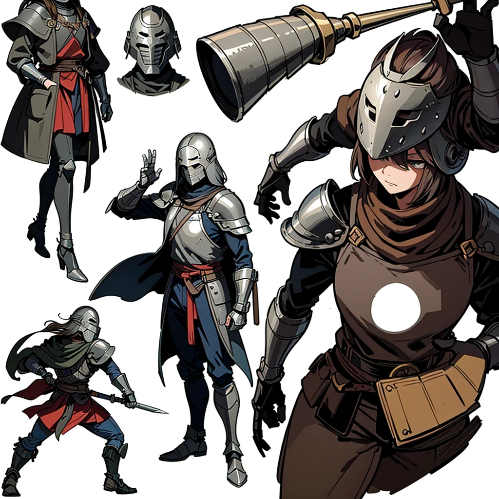 ((Full body character concept, Detailed character design))、(behindから、behind姿、Rear view、behind)、Highest quality, Best Quality,Best illustrations、(((Iron Mask、pocket、Iron Helmet)))、Medieval Armor、Medieval Knight、Full grey armor、(((20-year-old male)))、Dramatic Angle、(battle)、battlefield、Movement angle、Grab the sword、wasteland、(Fighting stance)、Run、(((White background)))