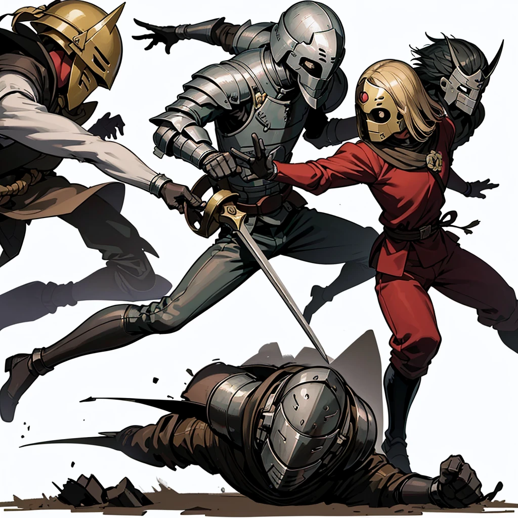 ((Full body character concept, Detailed character design))、(behindから、behind姿、Rear view、behind)、Highest quality, Best Quality,Best illustrations、(((Iron Mask、pocket、Iron Helmet)))、Medieval Armor、Medieval Knight、Full grey armor、(((20-year-old male)))、Dramatic Angle、(battle)、battlefield、Movement angle、Grab the sword、wasteland、(Fighting stance)、Run、(((White background)))