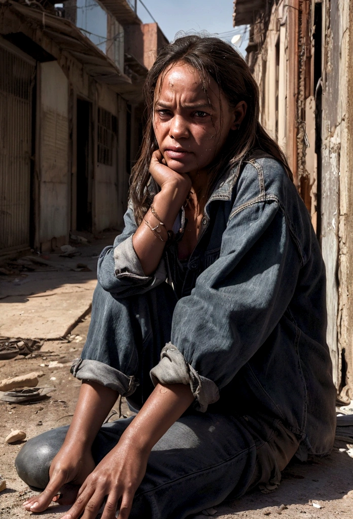 (((best qualityer))), high detaild, depth of fields, ((naughty girl)) Brazilian from (()), Tired eyes, thin eyes, eyes large, worn out clothes, Hair is tangled, The skin is damaged by dirt, abandonned, Simple street in a poor neighborhood with buildings with broken windows, Thin face and eyes are sad and scary, sitting with knees bent, (Realistic Photos:1.5), (((high resolution illustration))), (((extremely detaild))), dramatic shadows, cinematographic, warm light, shallow depth of field, talking to ((man 45 years old)), grizzled, in branded clothes and in the background a parked luxury car highlighting the contrast between the two.