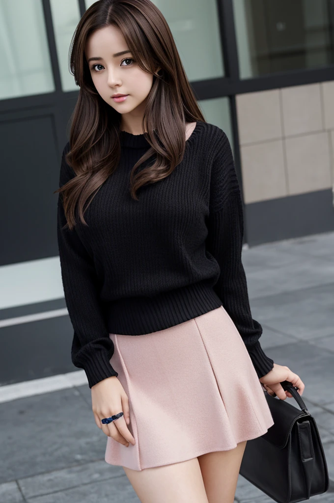 A female anime character with neck-length brown hair, large breasts and hips, wears a dark sweater and a short black skirt, her skin is white and her lips are pink and full.