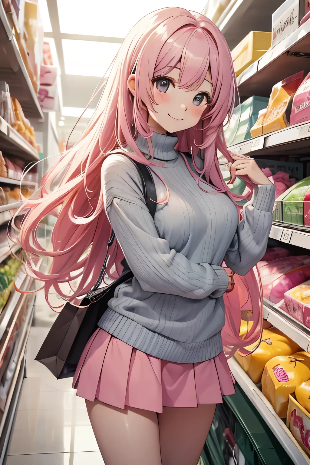 a cute girl smile with pink and long hair, breast, wearing sweater and mini skirt, shopping in supermarket , looks at the camera, by style of onii kei, dreamy and romantic, light gray and light amber, jagged edges, light teal and light red, timeless beauty, 8k