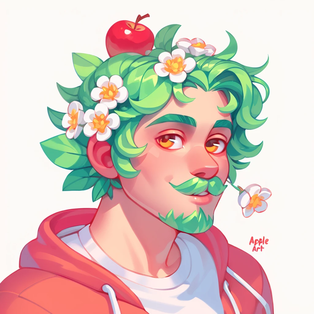 Guy with a flower beard in apple art style