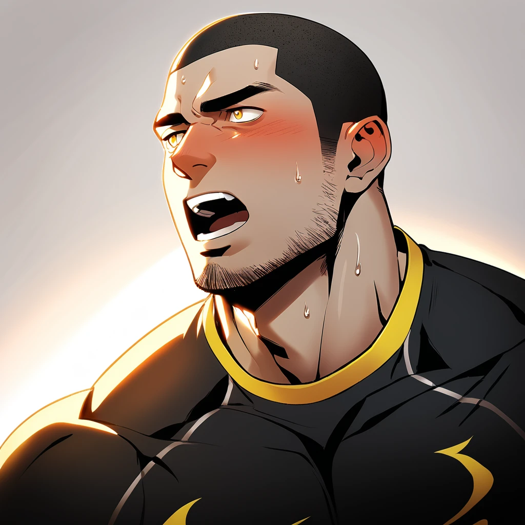 1muscular sportsman, Athlete,male focus, Buzz Cut, Yellow and black tight T-shirt, one ,Very tight, muscular male, muscular, only, Upper body, alone, look to the side, short hair, stubble, sweat, black hair, Yellow eyes, open lips, White background, simple background, amazing quality, best aesthetics, Ridiculous, crew cut, moaning, blush, clair obscur, cinematic lighting, best quality, textured skin