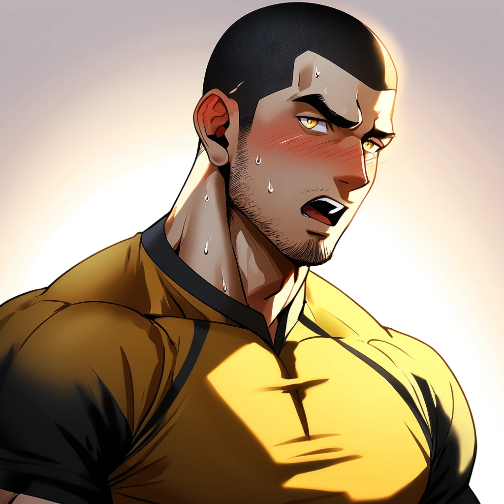 1muscular sportsman, Athlete，male focus, Buzz Cut, Yellow and black tight T-shirt, one ,Very tight, muscular male, muscular, only, Upper body, alone, look to the side, short hair, stubble, sweat, black hair, Yellow eyes, open lips, White background, simple background, amazing quality, best aesthetics, Ridiculous, crew cut, moaning, blush, clair obscur, cinematic lighting, best quality, textured skin