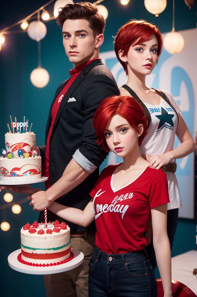 Disney pixar animation. Make a ager, beautiful, white and with red hair, green eyes, wearing a red dress. And an adult, with "short" hair thrown to the side, a Captain America shirt and blazer, with black jeans and holding a birthday cake with candles indicating "50". Show the background of a party.