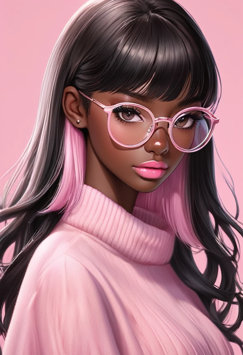 Make a 19 year old,  dark skin tone with small eyes wearing glasses, wolfcut hair with curtan bangs top part of black hair and bottom part of light pink hair