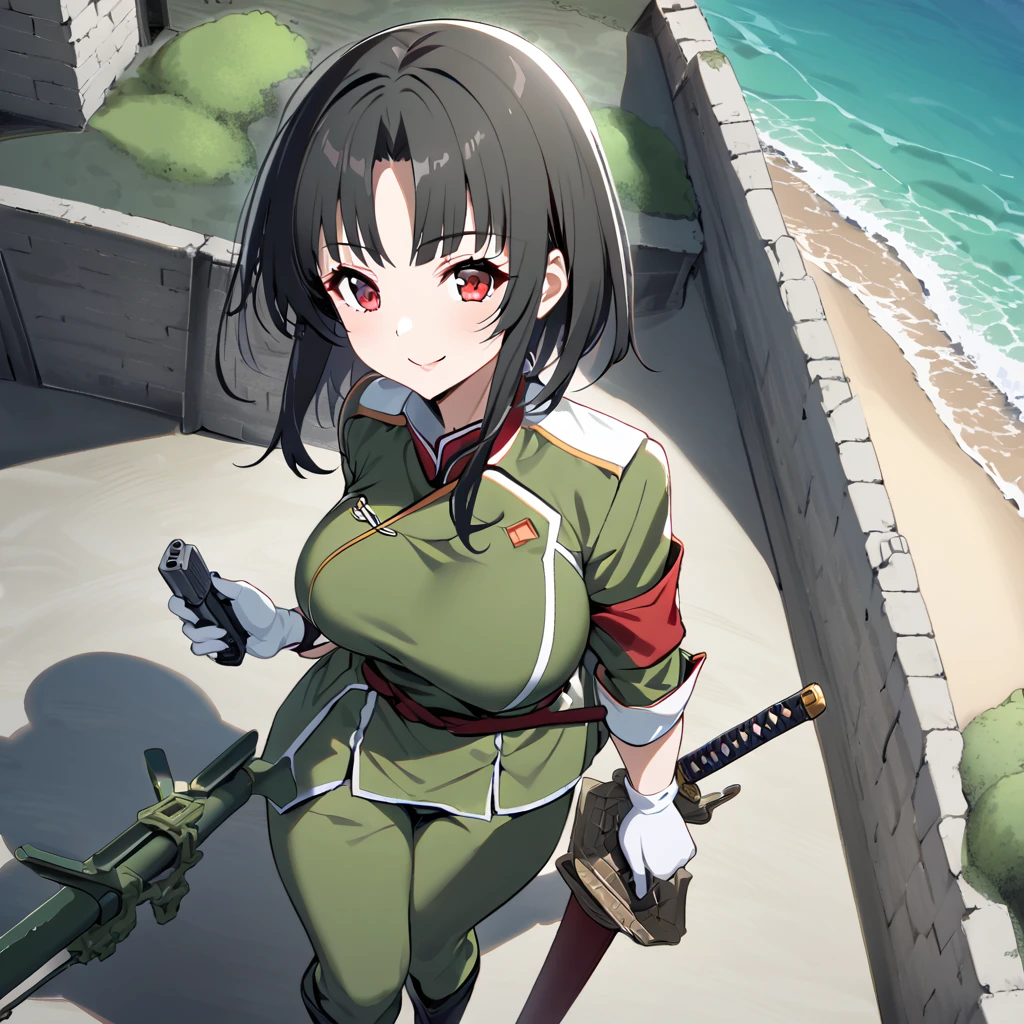 A woman wearing Imperial Japanese Drill uniform, moss green camouflage, moss green pants, black boots, Imperial Japanese Drill hat, black hair, short hair, red eyes, big breasts, white gloves, a pistol and a katana, smiling, postured standing in a fortress near a beach, overlooking a beach with fortification and warships in the sea.
