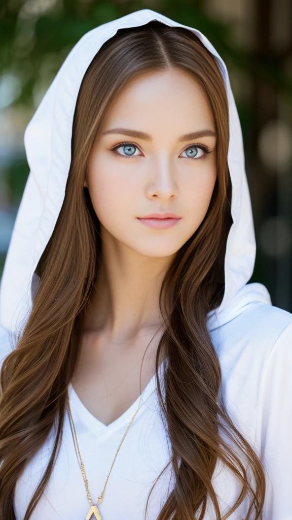 Full body shot of Princess Zelda, Brown hair, blue eyes, Dressed as an Assassin from Assassin's Creed, in white+White mask on gold、Gold details at hood, XL Bust, Using the Wrist Blade. Background: Renaissance city. unreal enginee 5, アニメ, アニメ style, masutepiece, well-drawn eyes, Well-drawn face, well detailed eyes, Well detailed face, 8K, Light and shadow effects.