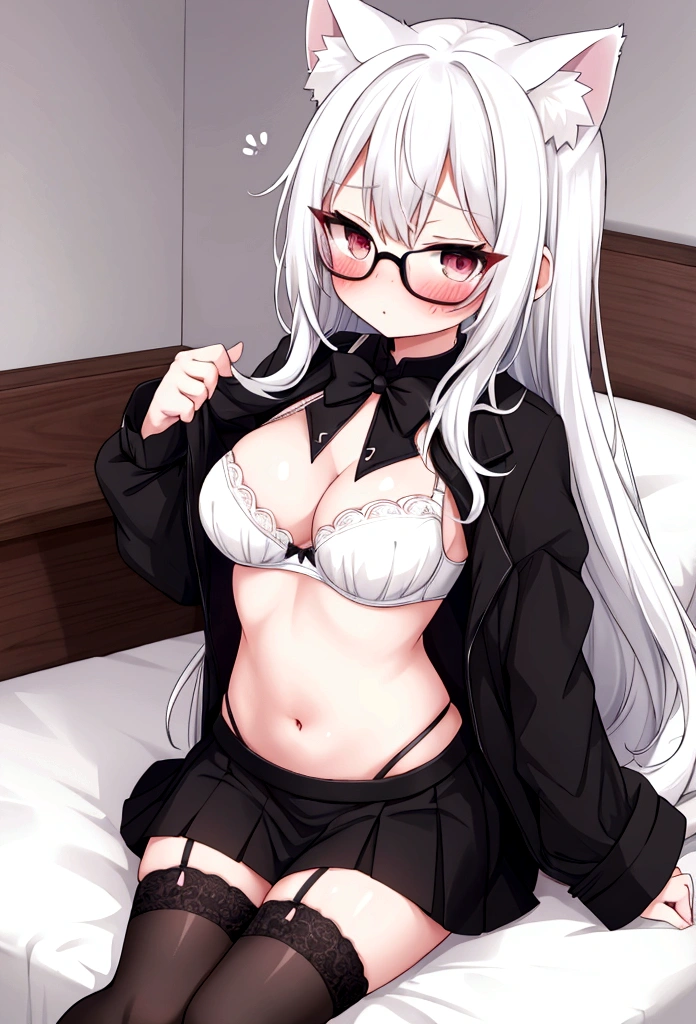 Girl with white hair, cat ears, black glasses, blushing extremely, she has put on a bra if her breasts are small, grabbing her breasts, a black skirt, a cat tail with black stockings on the bed