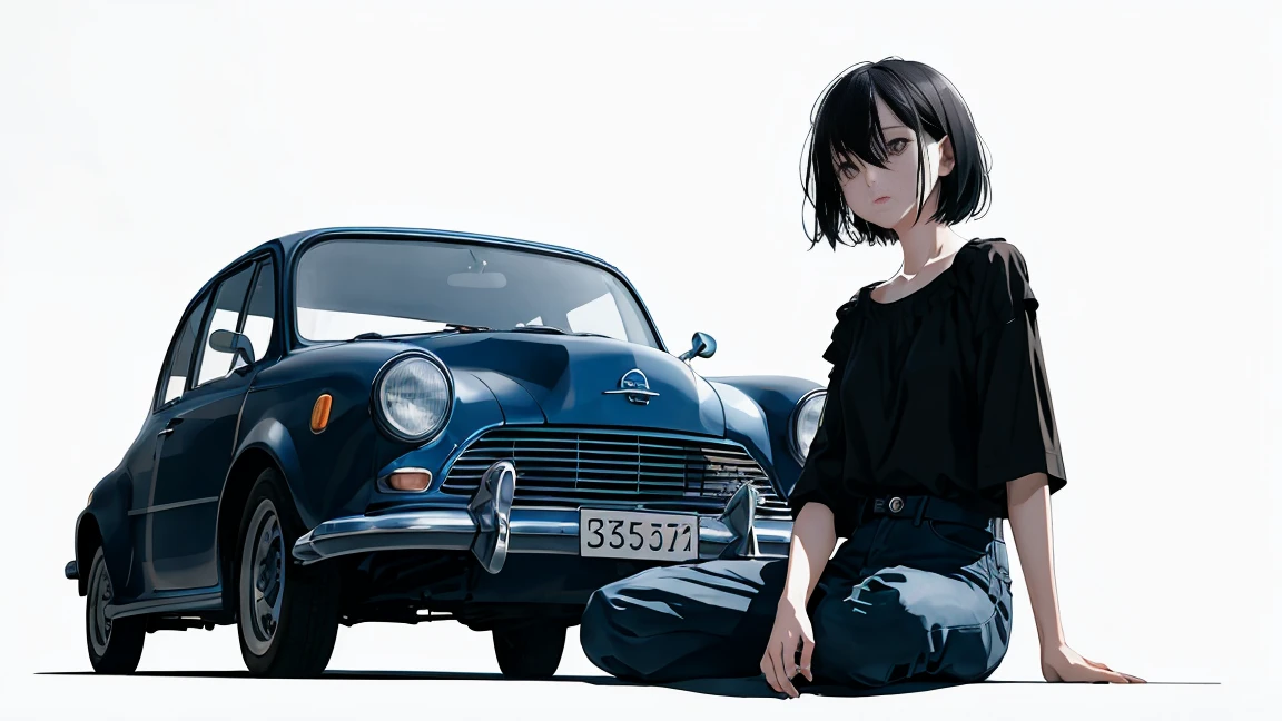 girl、blouse、Holding a gun、Black Hair、short hair、Look down、Sit on top of the car、sitting cross-legged、Watercolor、Looking into the distance、Stylish illustrations、One person、Not real、Simple illustration、Navy blue supercar、