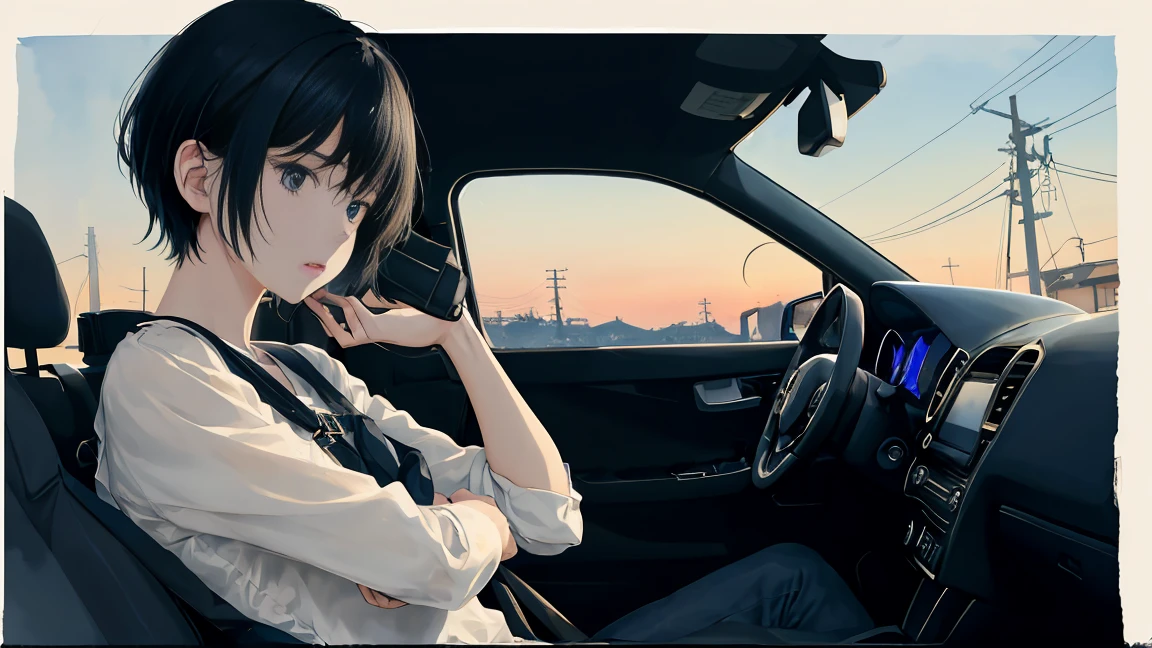 girl、blouse、Holding a gun、Black Hair、short hair、Look down、Sit on top of the car、sitting cross-legged、Watercolor、Looking into the distance、Stylish illustrations、One person、Not real、Simple illustration、Navy blue supercar、