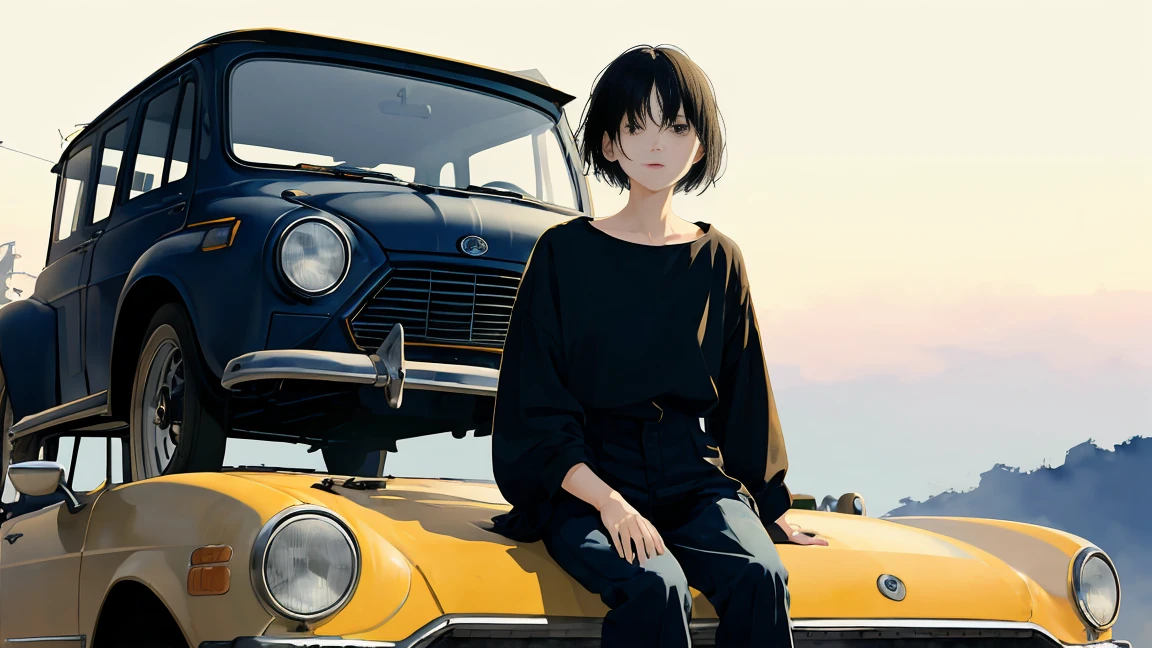 girl、blouse、Holding a gun、Black Hair、short hair、Look down、Sit on top of the car、sitting cross-legged、Watercolor、Looking into the distance、Stylish illustrations、One person、Not real、Simple illustration、Navy blue supercar、