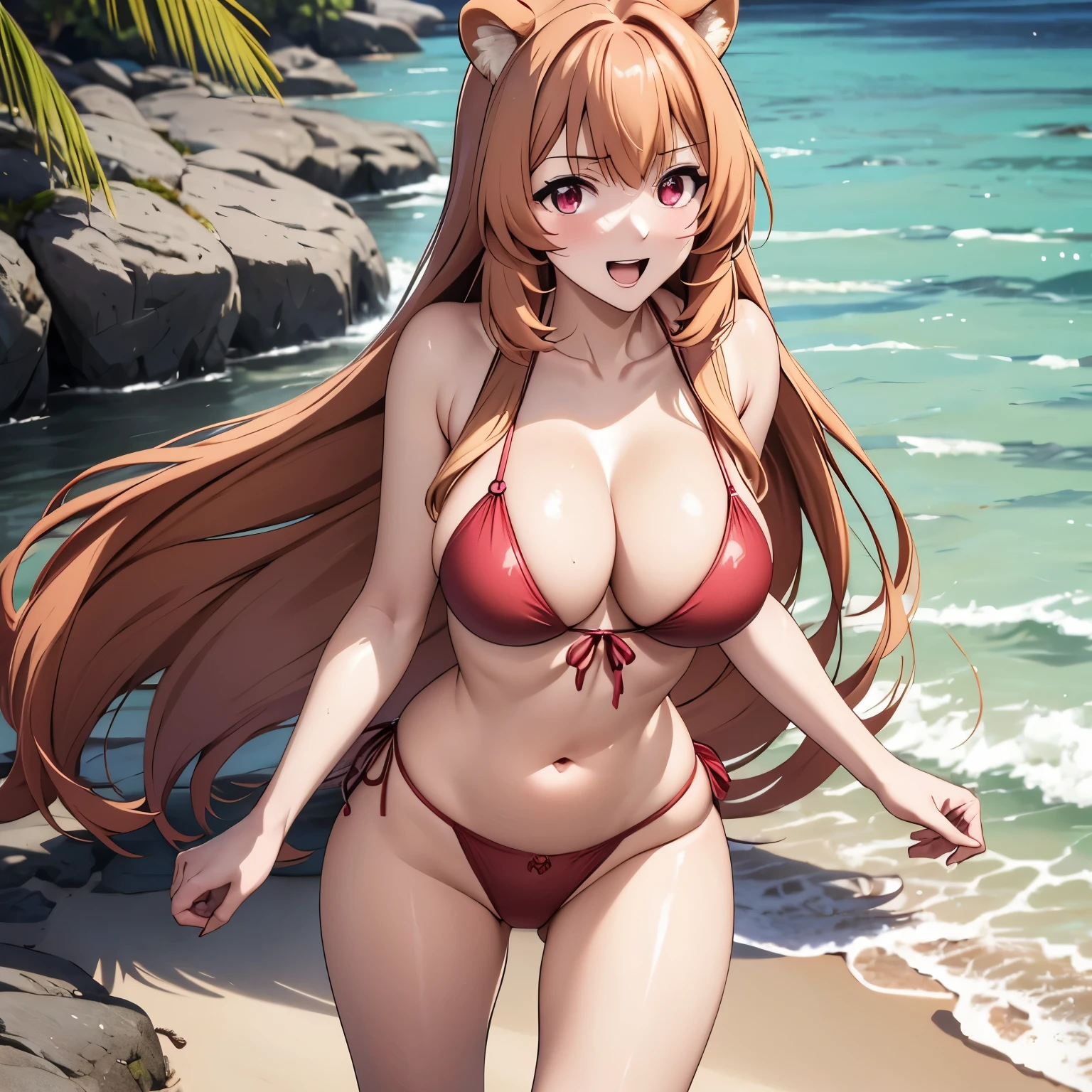 raphtalia, 25 year old woman. blonde hair red tips of her hair. red whores., red eyes like rubies ,bear ears, big breasts, blush, happy smile, Open mouth, pink micro bikini, He is walking on a tropical beach. WET BODY. drops of water on his chest. bear ears.