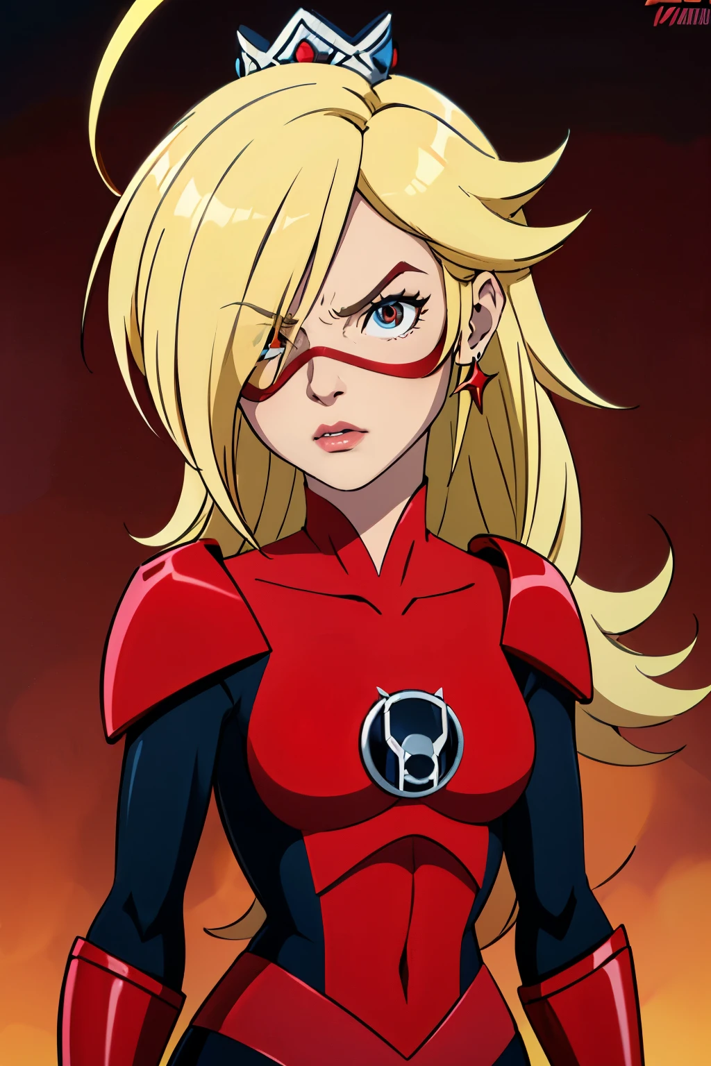 Princess Rosalina,  hair between eyes, ahoge, blonde hair, red lantern outfit, red lantern ring, red eye mask, angry expression, heartbroken look on face, realism, masterpiece, textured skin, super detail, high detail, high quality, best quality, 1080p, 16k