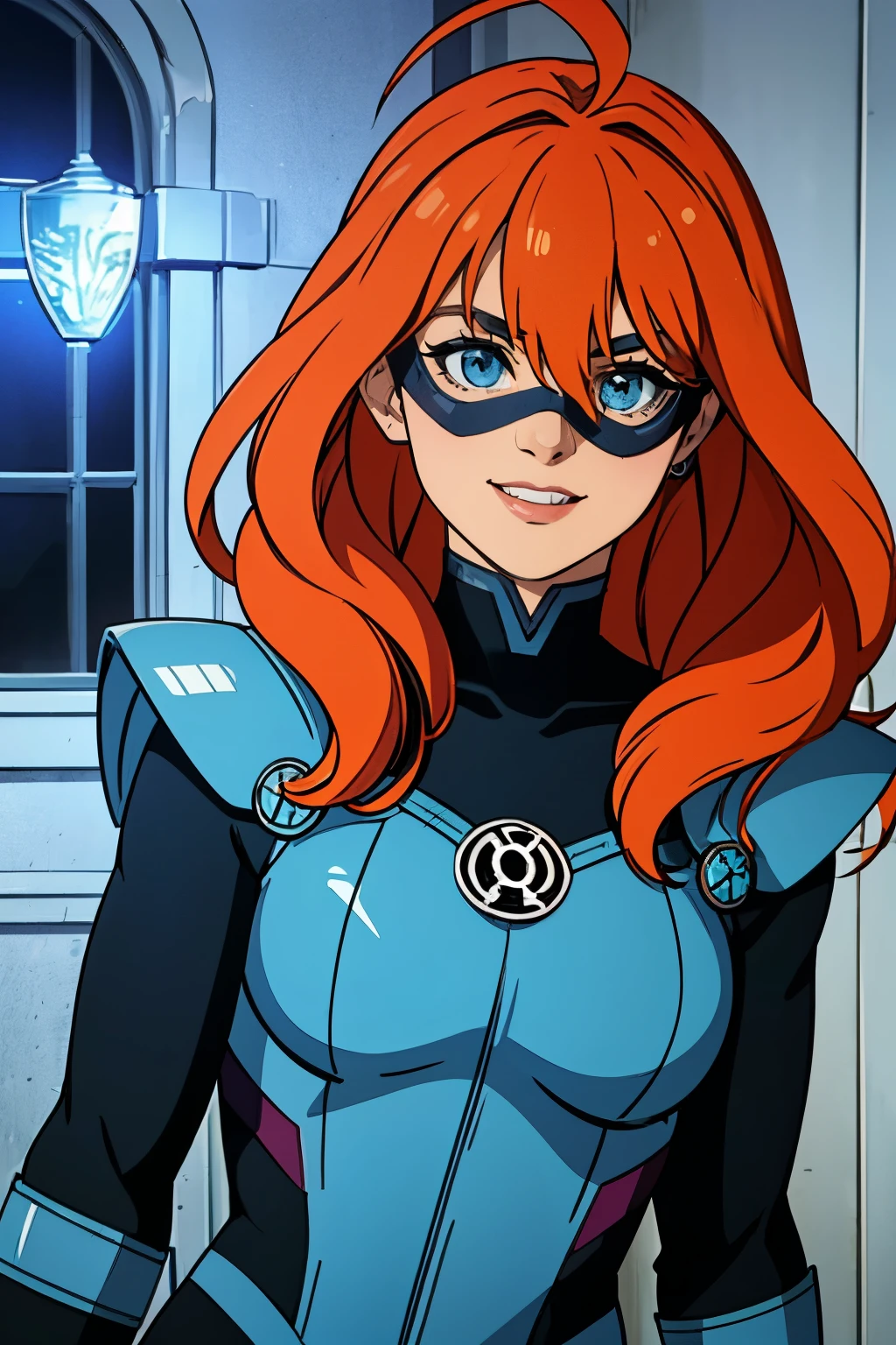 celica fe,  hair between eyes, ahoge, orange hair, star \(symbol\), blue lantern costume, blue lantern power ring, blue eye mask a warm smile, realism, masterpiece, textured skin, super detail, high detail, high quality, best quality, 1080p, 16k