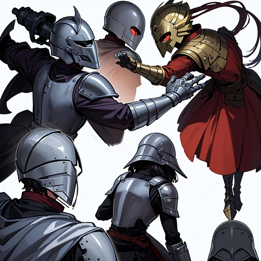 ((whole body、Detailed character design))、(From the back、Back view)、Highest quality, Best Quality,Best illustrations、(((Iron Mask、pocket、Iron Helmet)))、Medieval Armor、Medieval Knight、whole bodyが灰色の鎧、(((20-year-old male)))、Dramatic Angle、(battle)、battlefield、Movement angle、Grab the sword、(Fighting stance)、Run、(((White background)))