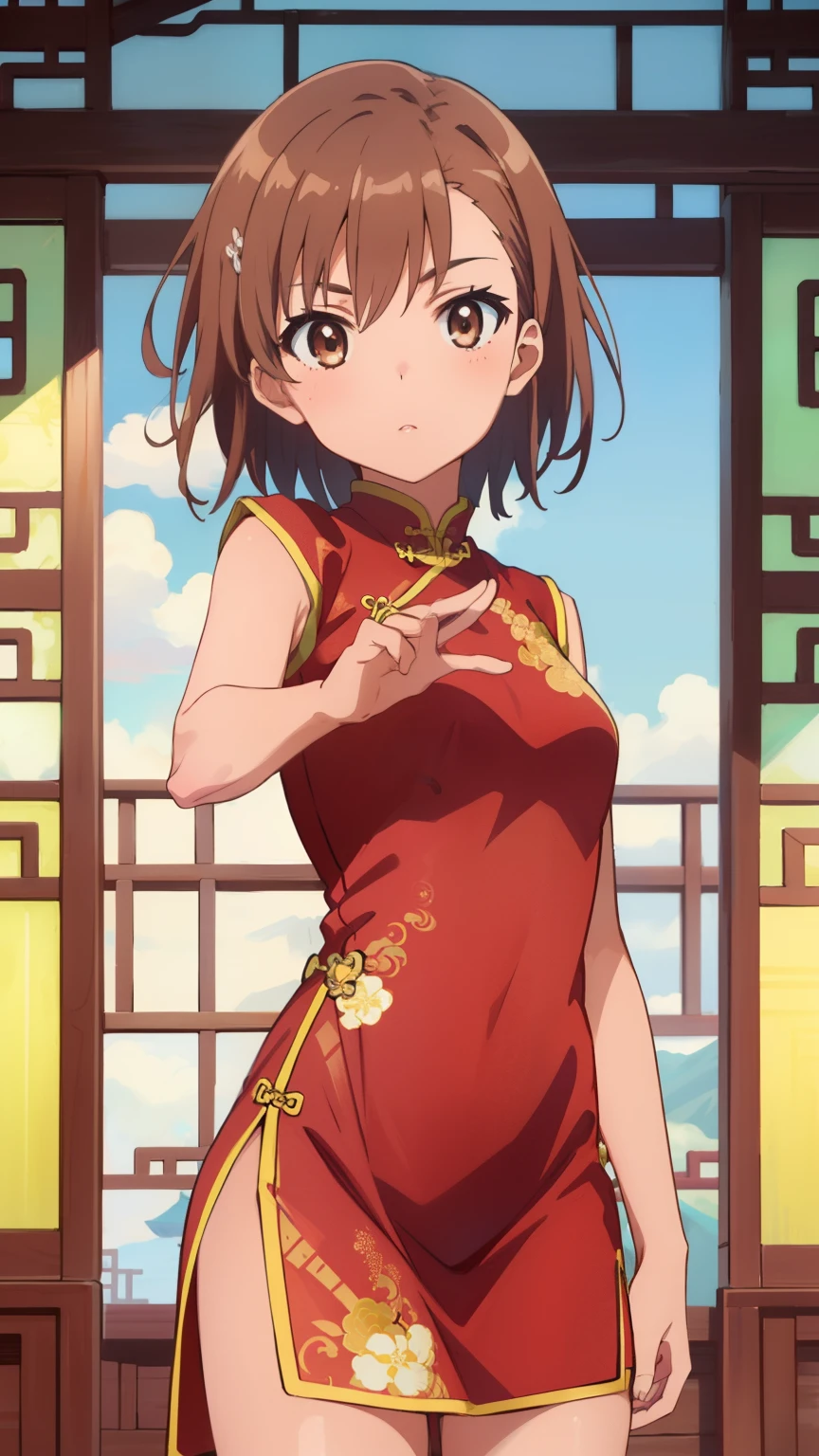 (masterpiece, best quality, 8k:1.2),Very detailed, (anime:1.1), misaka_mikoto, brown hair, short hair, hairpin, small medium breasts, 1girl, (China dress, Chinese Martial Arts), cowboy shot, looking at viewer,