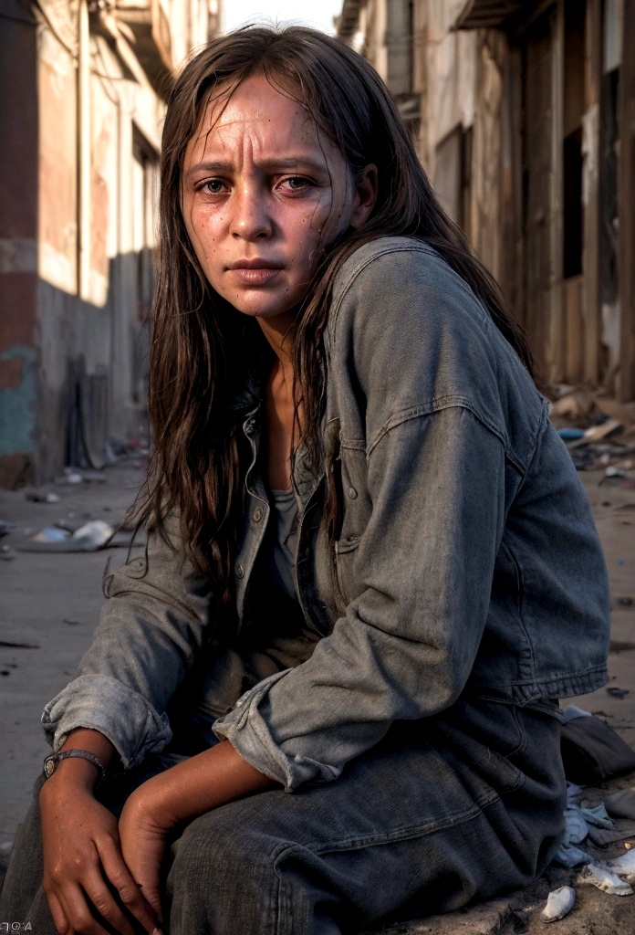 (((best qualityer))), high detaild, depth of fields, ((naughty girl)) 8 year old Brazilian, Tired eyes, thin eyes, eyes large, worn out clothes, Hair is tangled, The skin is damaged by dirt, abandonned, Simple street in a poor neighborhood with buildings with broken windows, Thin face and eyes are sad and scary, sitting with knees bent, (Realistic Photos:1.5), (((high resolution illustration))), (((extremely detaild))), dramatic shadows, cinematographic, warm light, shallow depth of field, talking to a 45 year old man, grizzled, in branded clothes and in the background a parked luxury car highlighting the contrast between the two.