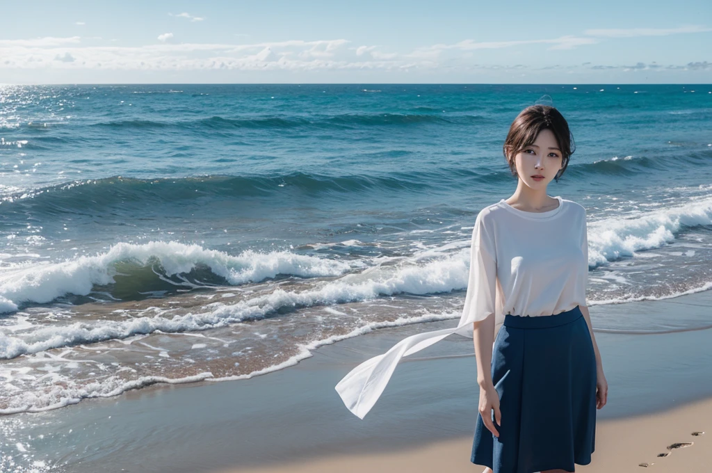 8K, 35 year old Korean woman, Inspired by Son Ye-jin. realistic, lifelike photo, Realistic appearance of nature, , blue. calm waves. Viewed from a distance with a wide-angle lens , wore a light skirt. Front view of a beautiful woman, , 1 woman, Short hair blowing slightly in the wind, Looking at the camera, short medium hair, standing on the beach.