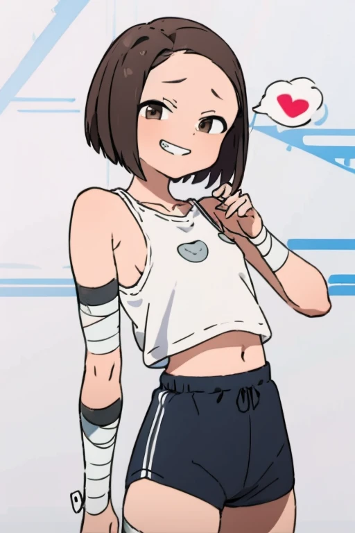 masterpiece, highres, 1girl, short hair, TokoUsagiharaR4, brown hair, brown eyes, ,,looking viewer,,spoken heart,,(petite),flat chest,thigh,grin,sports bra,shorts Artwork, High Quality, Single Girl, Short Black Hair, White Sheer Shirt, (Nipple Bandages, Areola Slip, Bandage), Small Breasts, Upper Body
