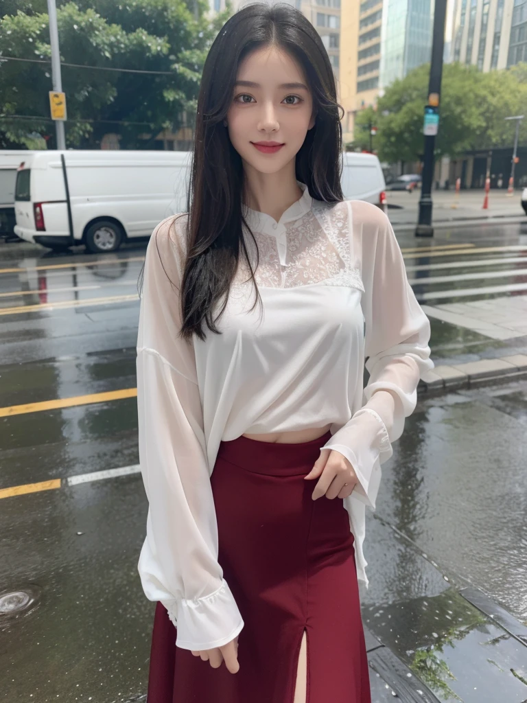 ((best quality, 8K, masterpiece: 1.3)),upper body,Black Hair, black eye,sharp focus: 1.2, beautiful woman: 1.4, ((medium hair: 1.2)),(Silk darkmagenta long skirt、White long sleeve blouse with lace), (wet from rain: 1.3), (rain, street: 1.2), wet body: 1.2, Highly detailed face and skin texture, detailed eyes, double eyelids, White skin,E cup,smile,Financial district of the big city,Skyscraper,White skin,Wet Hair、Wet Skin、Wet clothes、smile、 