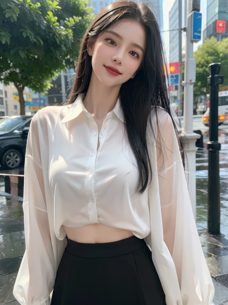 ((best quality, 8K, masterpiece: 1.3)),upper body,Black Hair, black eye,sharp focus: 1.2, beautiful woman: 1.4, ((medium hair: 1.2)),(Silk darkmagenta long skirt、White long sleeve blouse with lace), (wet from rain: 1.3), (rain, street: 1.2), wet body: 1.2, Highly detailed face and skin texture, detailed eyes, double eyelids, White skin,E cup,smile,Financial district of the big city,Skyscraper,White skin,Wet Hair、Wet Skin、Wet clothes、smile、 