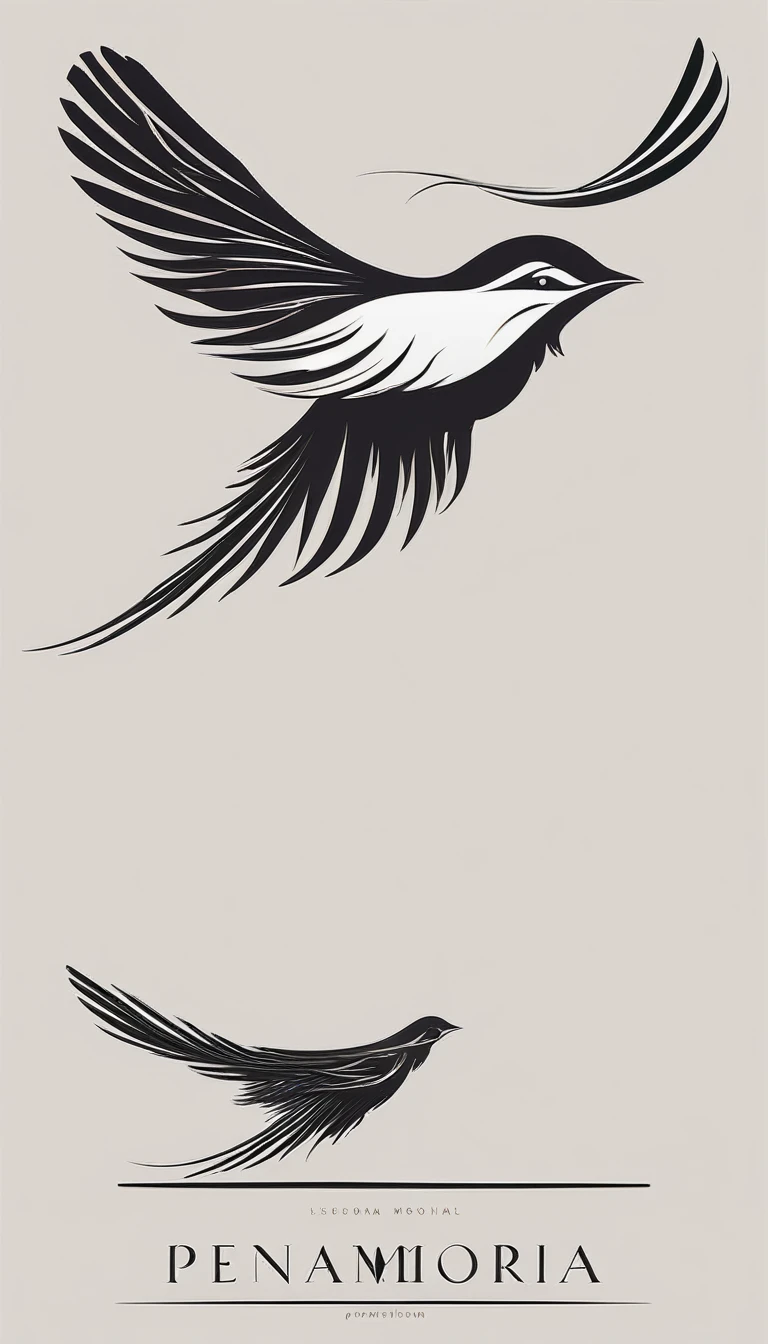 A minimal, modern, simple, cinematic logo design for the brand “Penamemoria". Create a modern, minimalistic, high-quality, logo of a feather-bird