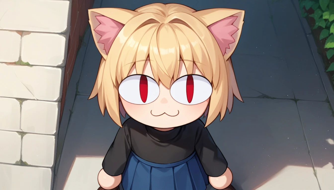 score_9, score_8_up, score_7_up, score_6_up, score_5_up, score_4_up, BREAK, 1boy, solo, necoarc, lit pupils, cat ears, blonde hair, red eyes, :3, turtleneck, blue skirt, pleated skirt, pantyhose, brown footwear, highlight thighs, outdoor, (solo portrait), (front view)