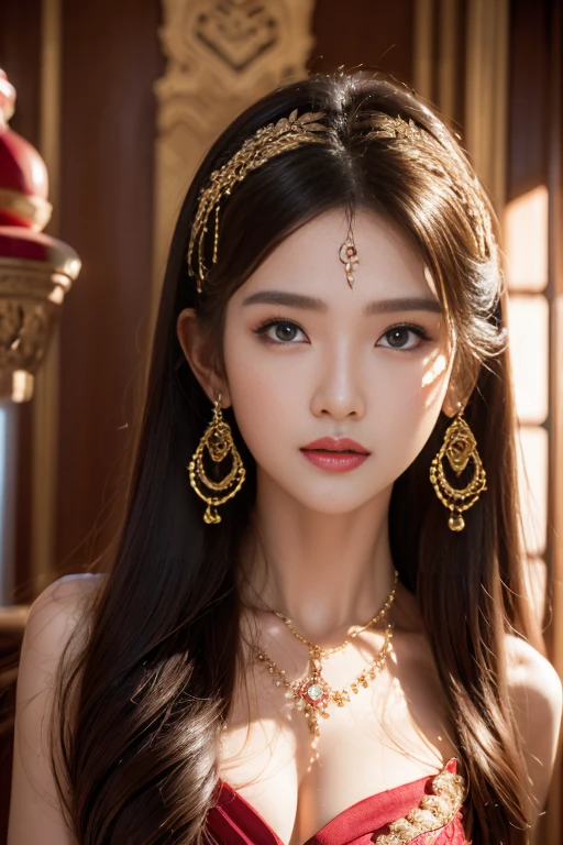 （8K resolution，Photos above the legultiple women，20yr old，（Facial features of Thai Min：1.8，Thin skeletal cheeks，s delicate face），com rosto detalhado，Lovely face，com rosto detalhado，Detailed face，Ultra-fine makeup，Black colored eyes，（looking to the camera），Long dark red hair，（Messy has layers），Redlip，Fair smooth skin，（Best Skin Type：1.21），mediuml breasts，（（Ancient Thai women's clothing，Delicate shawl straps，Luxury ladies' tube dresses），A small number of flower hairpins，Luxury necklaces and bracelets），Tall and tall，perfect hand，Ultra-fine clothing material），（party，banquet，tropical trees，Exquisite environmental details），（exhilarated，confident smile，Rejoice，intimacy），（profesional lighting，Dynamic Lighting），（（Strong color contrast，Noble and sexy，elegant（golden colored，red colour，In pink））），（Golden section，Dynamic shots，Hasselblad photograp，tmasterpiece：1.3），（Noble temperament，mistic，Fashionab，trendsetting，Artis，Art platform）