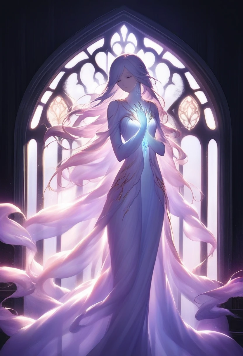 A spectral, ethereal female figure stands by a large, multi-paneled window. Her form is shrouded in a ghostly, flowing material that resembles both mist and silk, blending into the surrounding light. The figure's face is partially obscured by flowing hair, and her delicate hand rests gently on the windowpane. Light streams through the window, illuminating her translucent form with a soft, otherworldly glow. The scene is set in a dimly lit room, with the focus on the luminous figure and the interplay of light and shadow. The atmosphere is serene, mystical, and slightly melancholic, evoking a sense of longing and ethereal beauty.